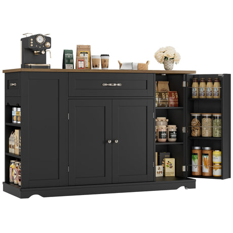 HOSTACK Kitchen Island Cart with Storage, 47'' Kitchen Storage Island on Wheels with 2 Drawers, Rolling Island Table with Adjustable Shelves, Mobile Buffet Sideboard Cabinet for Dining Room, Black HOSTACK