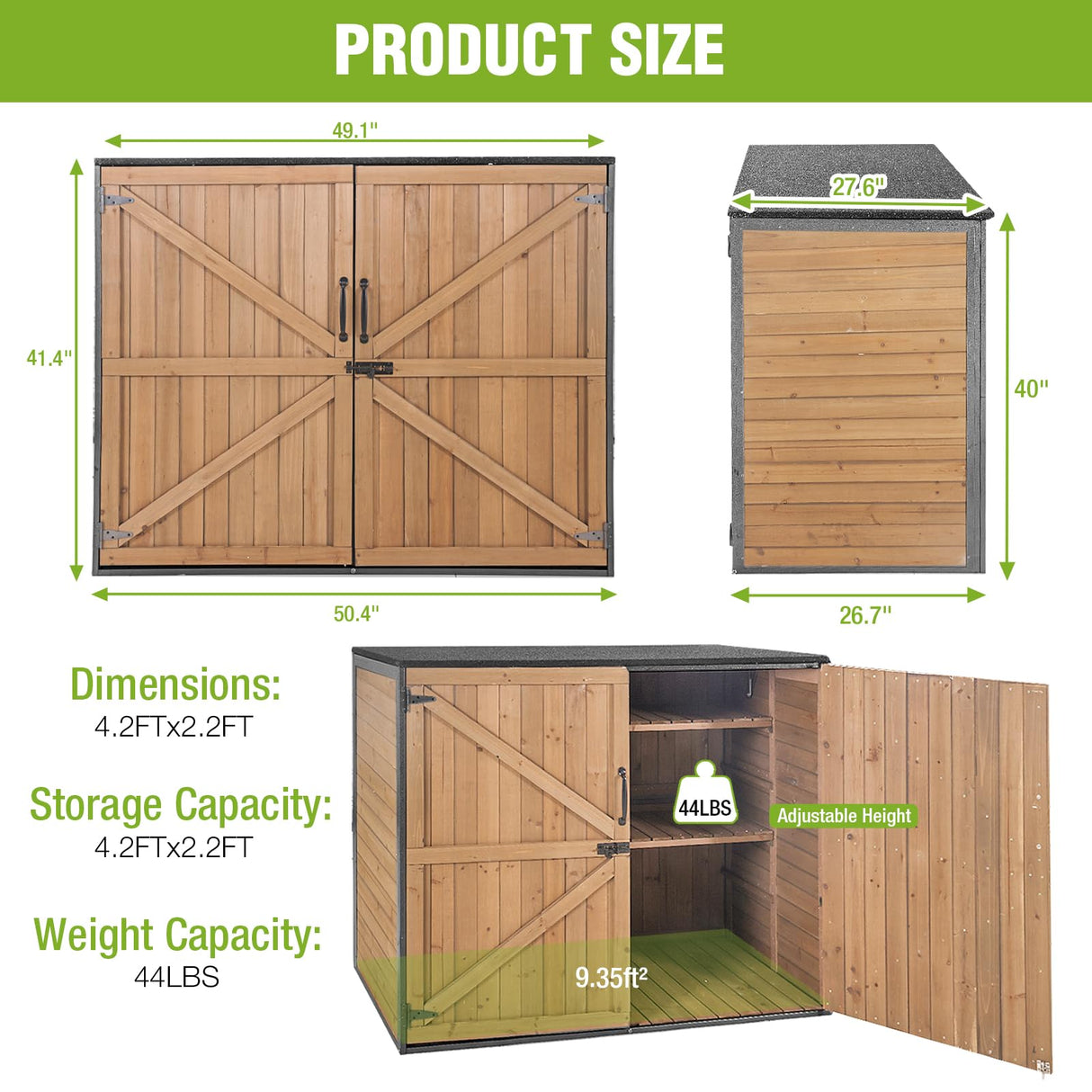 Joyqinchen Outdoor Storage Shed with Strong Metal Frame, Wooden Garden Sheds with Adjustable Shelves and Removable Floor, Weatherproof Outdoor Trash Can Shed, Horizontal Storage Cabinet for Patio Joyqinchen