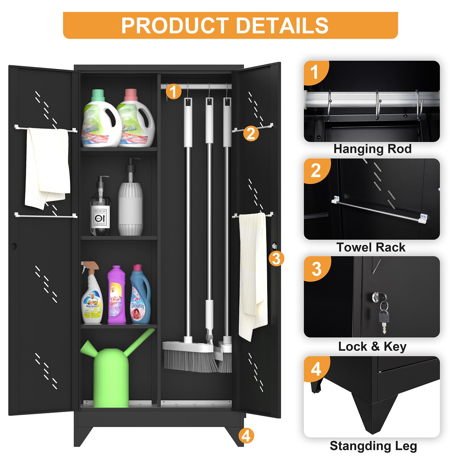 YILFANA 71" Metal Storage Cabinet with Lockable Doors, Functional Garage Storage Cabinet, Tool Cabinet Tool Cabinet Garage Organization Cabinet with Hanging Rod & S-Hooks (71" Utility Cabinet - WoodArtSupply