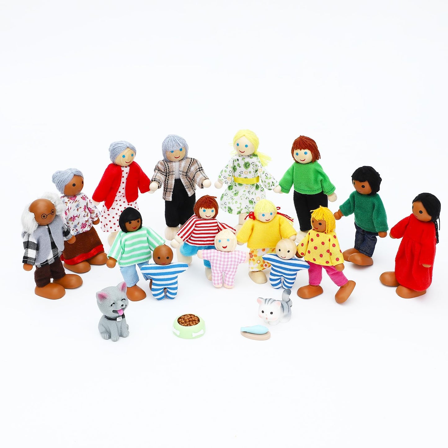 ONEST 20 Pieces Wooden Dollhouse Family Set Mini People Figures Dog Cat Sets Dollhouse Dolls Wooden Doll Family Pretend Play Figures Accessories for Pretend Dollhouse Toy