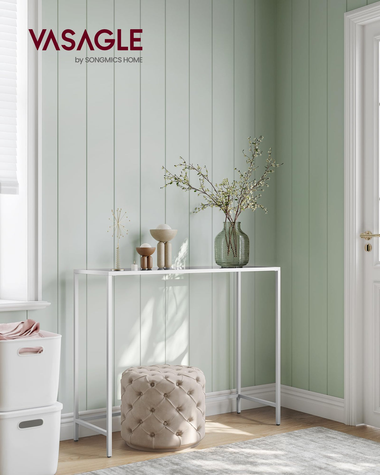 VASAGLE Entryway Table, Console Table, Tempered Glass Tabletop, Modern Sofa Table, Easy Assembly, with Adjustable Feet, for Living Room, Entryway, Pearl White and Slate Gray ULGT026W01 VASAGLE