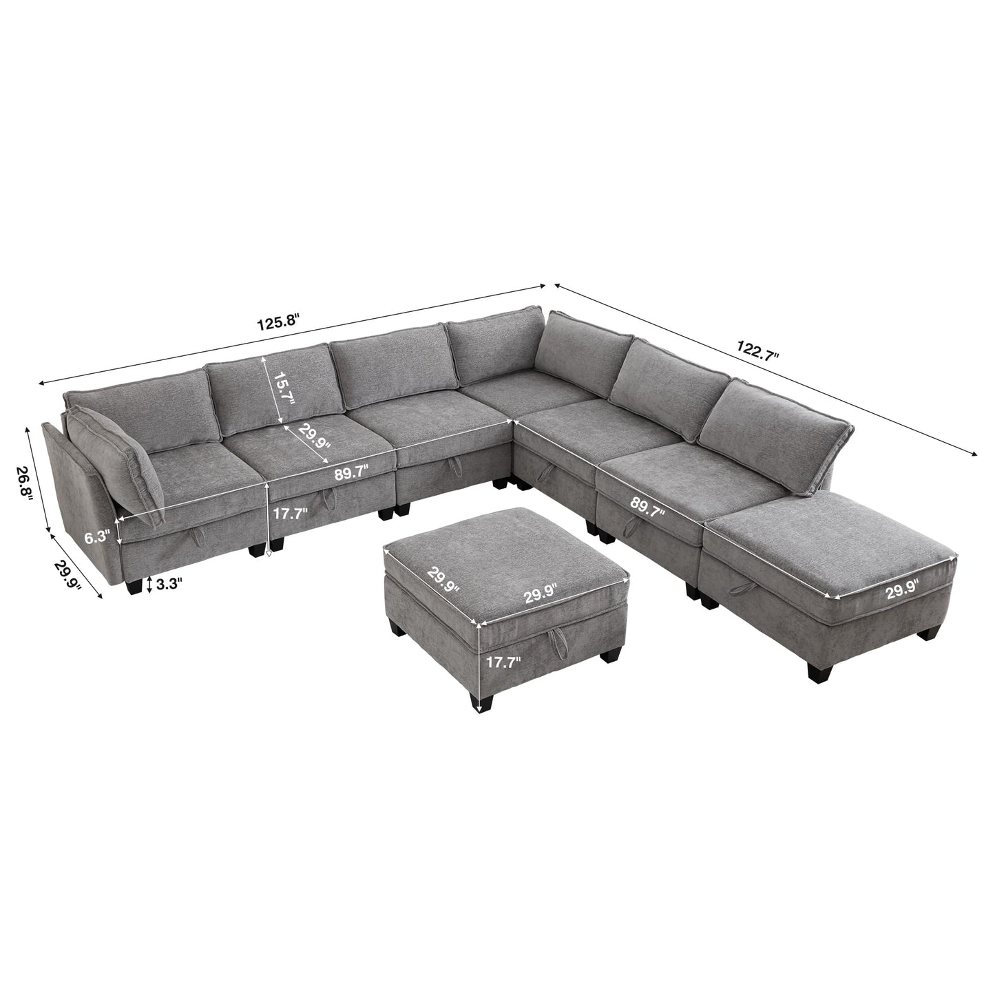 Oversize Corner Modular Sectional Sofa Set, Convertible L Shaped Couch with Storage, 8 Seater Sofa Modular with Ottomans and Reversible Chaise for Living Room, Office (Grey)