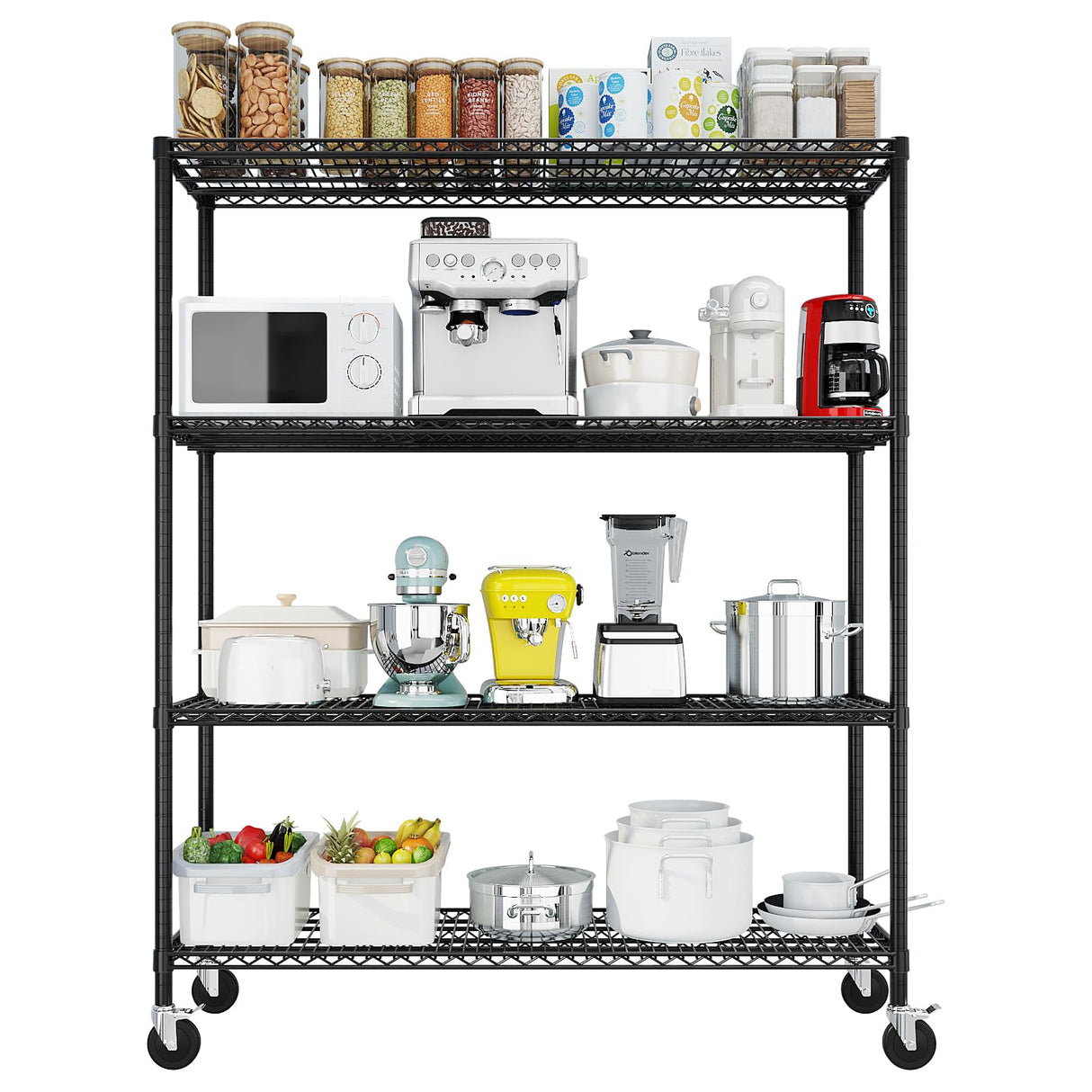 Karl home Heavy Duty 4-Tier Storage Shelving with 4" Wheels, Adjustable NSF Metal Shelves Wire Storage Rack for Garage Kitchen Basement,2500LBS Capacity 75.59" H X 55.12" W X 23.62" D,Black Karl home