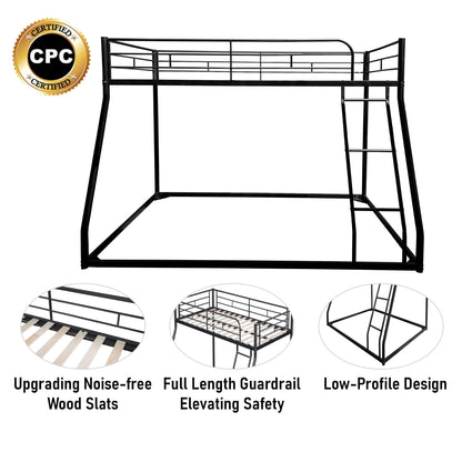 UOCFYK Twin Over Full Floor Bunk Bed, Metal Low Profile Bunk Bed Frame with Ladder and Guardrails, Wood Slat Support, No Noise, Easy Climbing & Assembled, Black