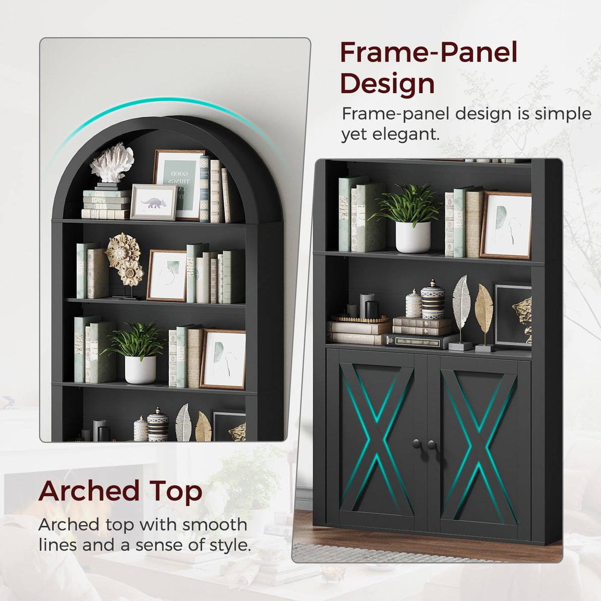 MAHANCRIS 6-Tier Bookshelf, 74.6'' Farmhouse Arched Bookcase with Cabinet, Freestanding Engineered Wood Display Bookshelf, with Adjustable Shelves, for Living Room, Study, Kitchen, Black BKBK2601 MAHANCRIS