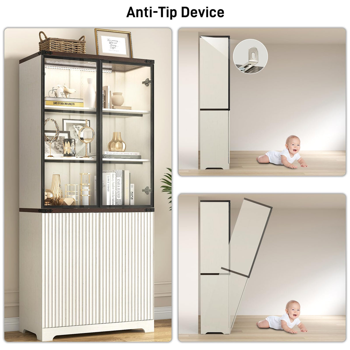 chartustriable 71" Tall Glass Display Cabinet with LED Sensor Light & Pop-up Glass Doors, Modern Fluted Bookcase with Shelves, Curio Storage Cabinet, Living Room, Office, Bedroom, Off White chartustriable