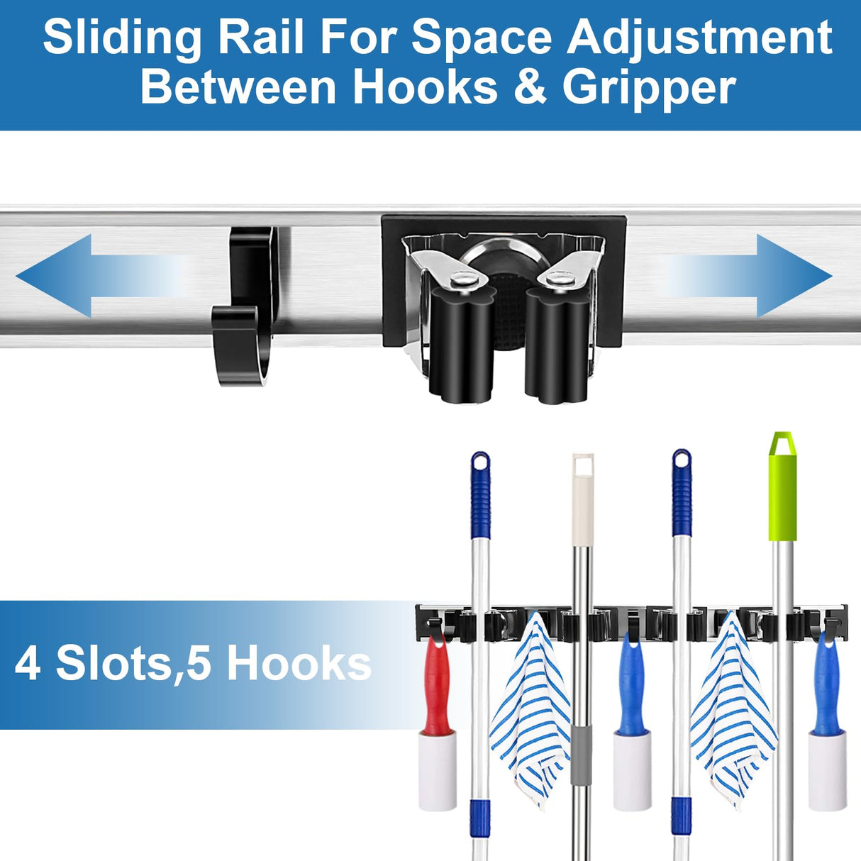 Mop and Broom Holder Wall Mount Metal Heavy Duty Utility Hooks Broom Organizer Garage Storage Systems Tool Racks for Home Laundry Garden Kitchen Organization (Black, 1 Pack 4R5H) Piyl