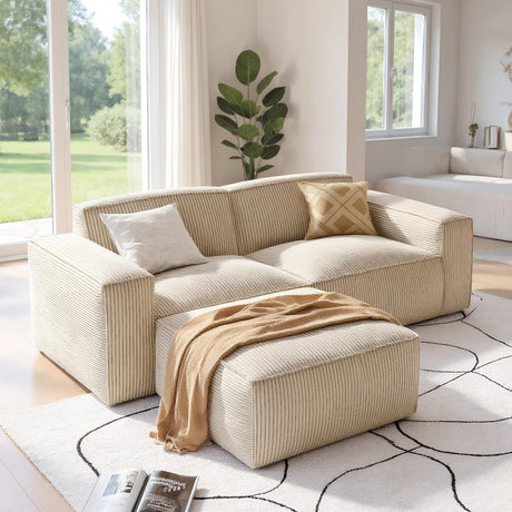 Amada 80" L Shaped Sofa Modular, Corduroy Clopud Couches with Deep Seats &High-Back, Upholstered Couches for Living Room Bedroom with Ottoman, No Assembly Required(2-Seater&1 Ottoman,Beige White) AMADA HOMEFURNISHING