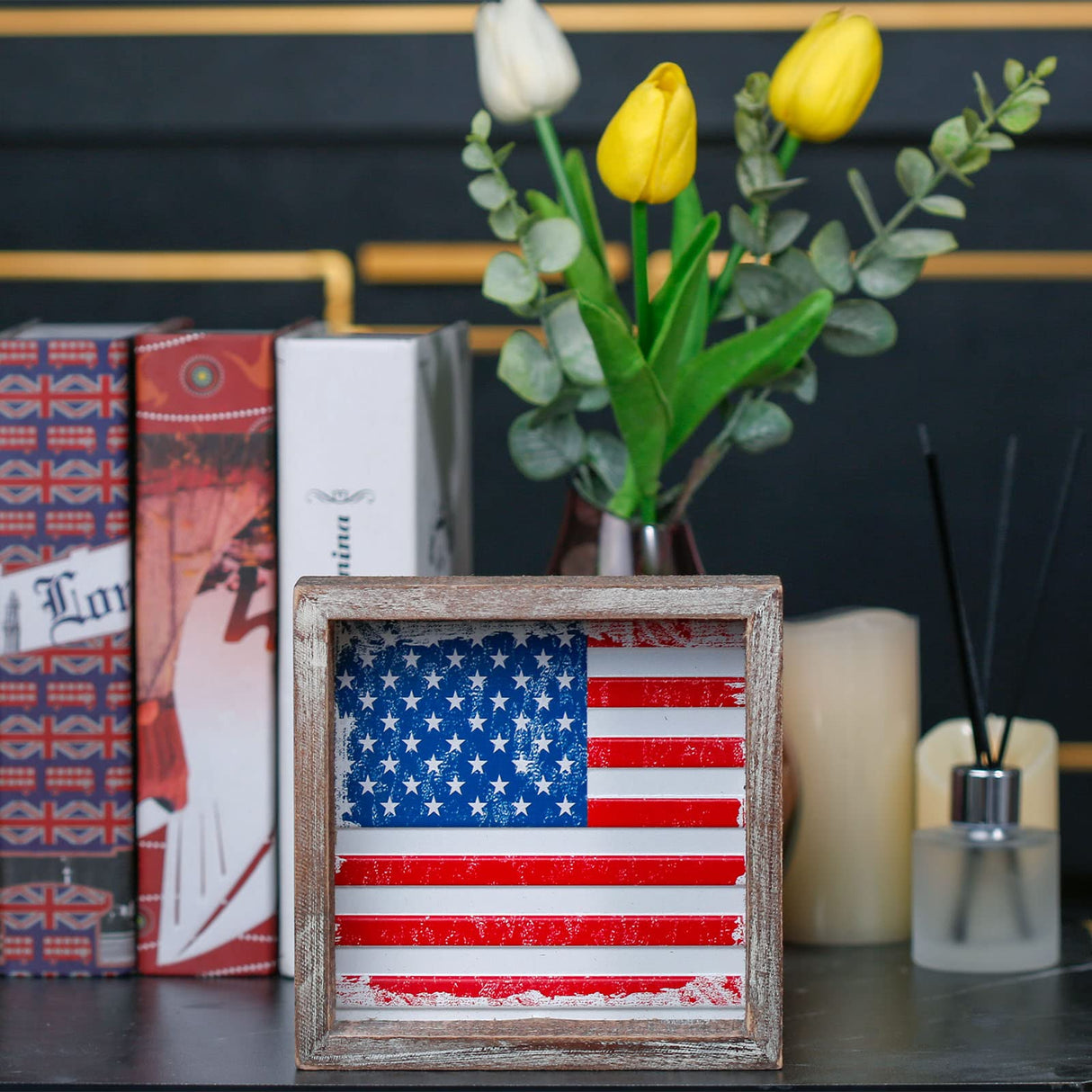 FESTWIND 4th of July Tiered Tray Decor, Wood Frame Embossed Metal USA Flag Block Sign, American Flag Table Decor for Fourth of July, Memorial Day, Patriotic Wood Decor for Shelves FESTWIND