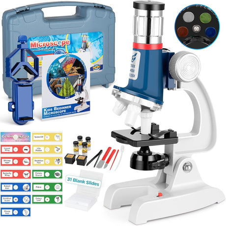 58-Piece Kids Microscope Kit - 100X-1200X Magnification, Metal Body, LED Light, Carrying Box - Science Experiment Toy for Kids Ages 5-12 Uarzt