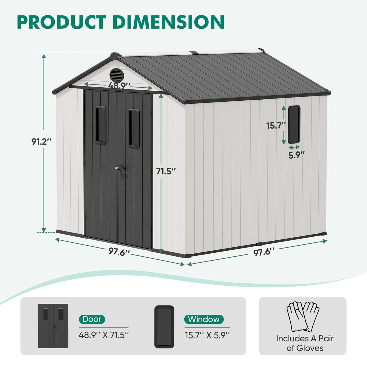 INTER HUT 8x6 Resin Outdoor Storage Shed with Floor, Plastic Tool Shed for Gardening, Patio, and Deck, White/Gray INTER HUT