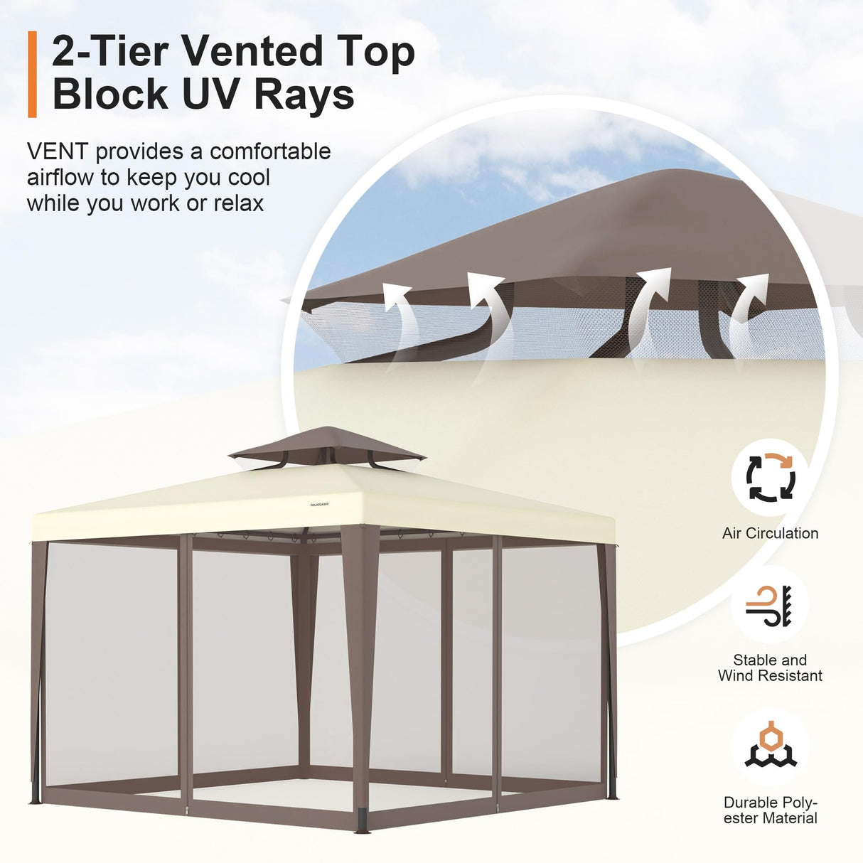 Patio Gazebo Tent Outdoor Canopy Shelter 10'x10' w/Mosquito Netting with 100 Square Feet of Shade for Garden, Backyard Deck and Lawns GOJOOASIS