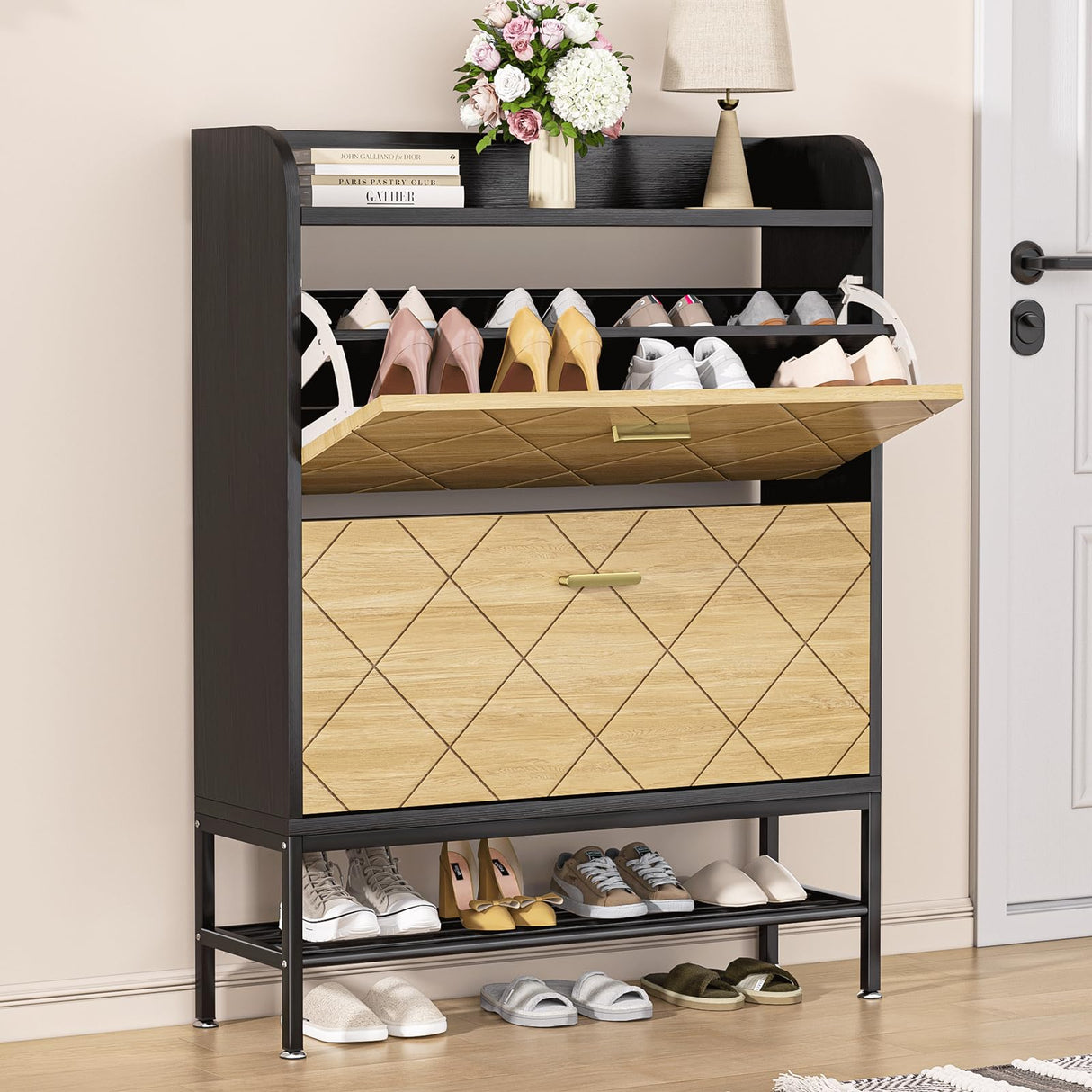 VTRIN Shoe Cabinet for Entryway Shoe Storage Cabinet with 2 Flip Drawers, Sturdy Wooden Boot Organizer Narrow Sneaker Rack for Front Door Entrance, Hallway, Small Space, Black VTRIN