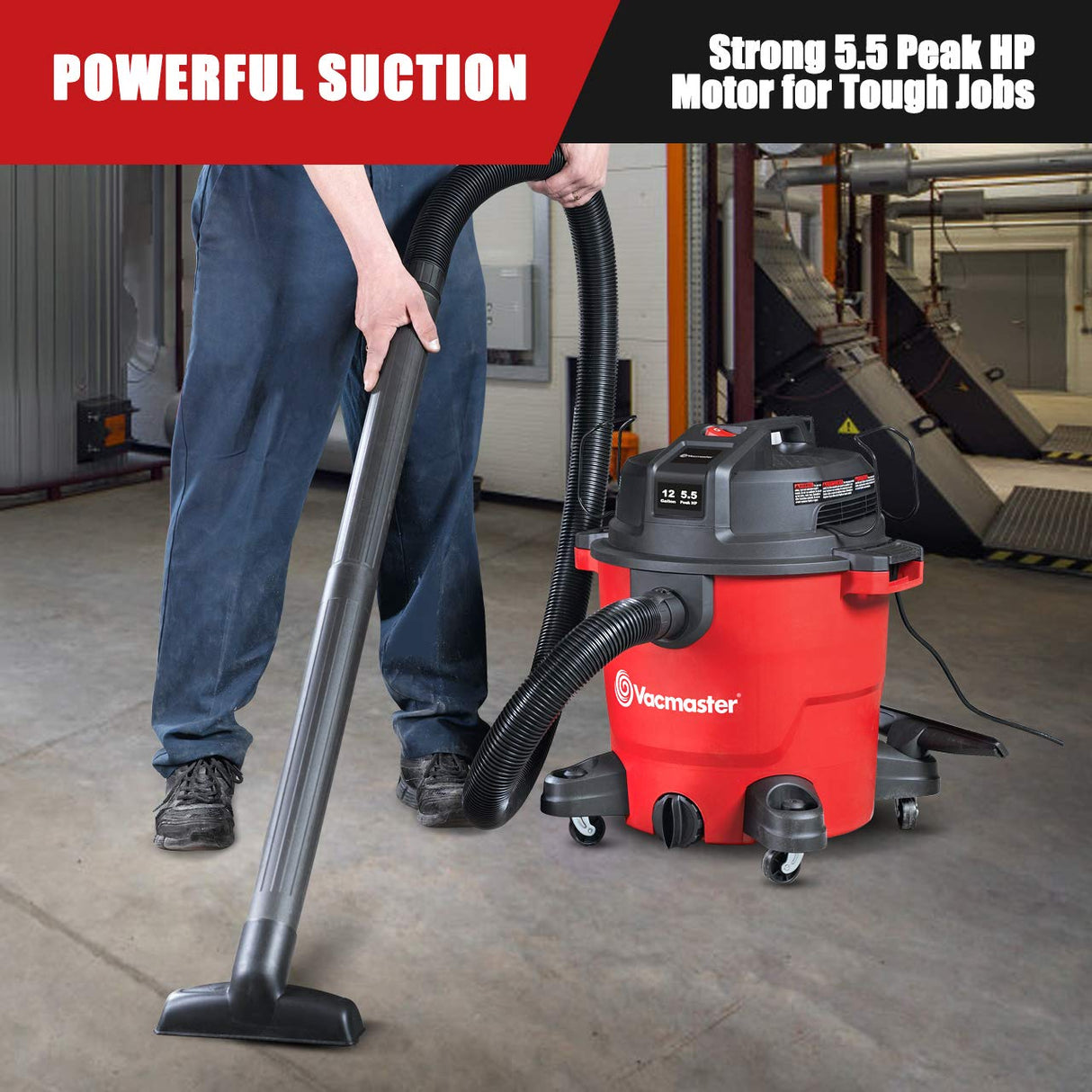 Vacmaster Red Edition VJH1211PF 1101 Heavy-Duty Wet Dry Vacuum Cleaner 12 Gallon 5.5 Peak HP 2-1/2 inch Hose Vacmaster
