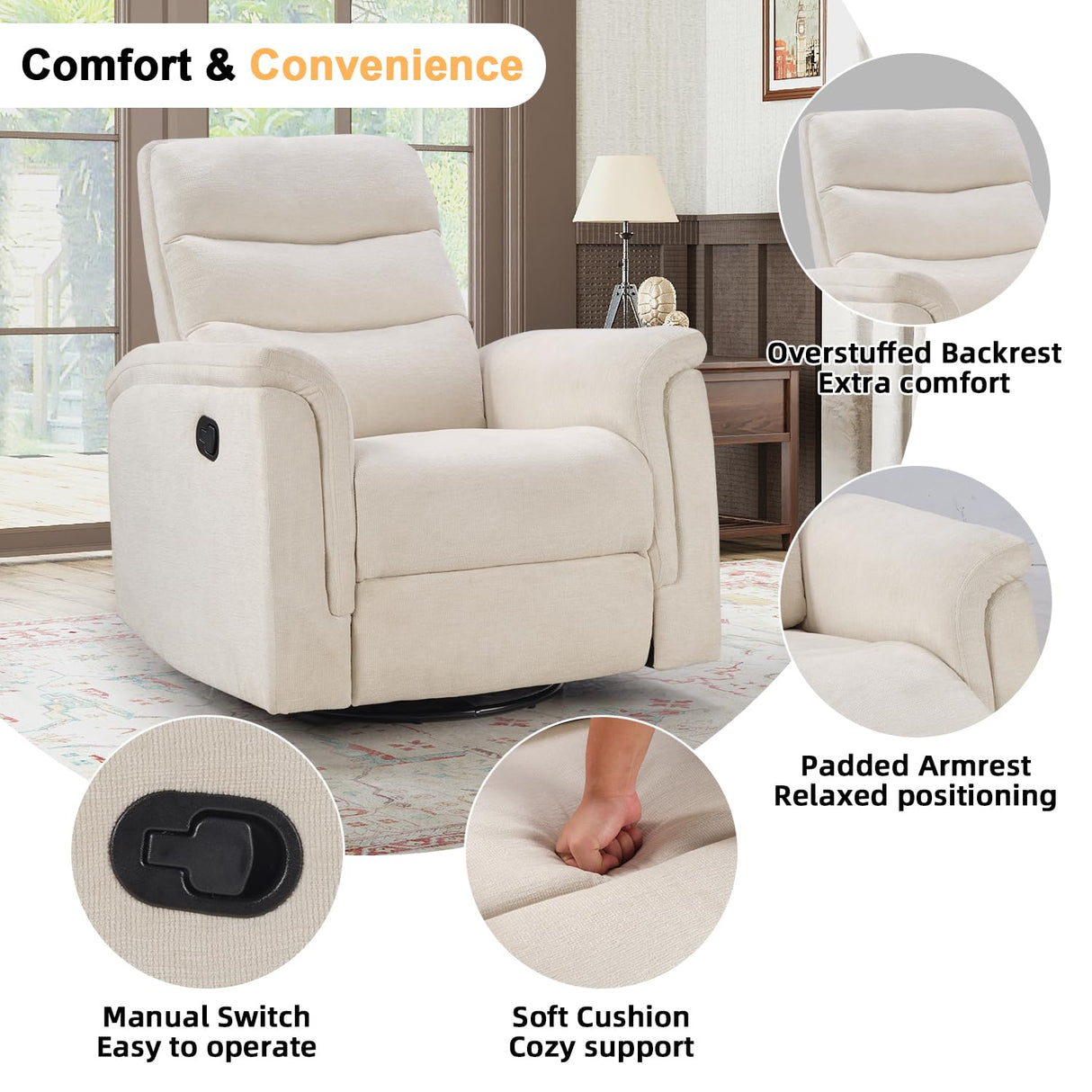 INZOY Swivel Rocker Recliner, Nursery Glider Chair, Manual Chairs Swivel Glider Recliners with Soft Backrest, Fabric Manual Reclining Sofa for Living Room Bedroom Apartment, Beige INZOY