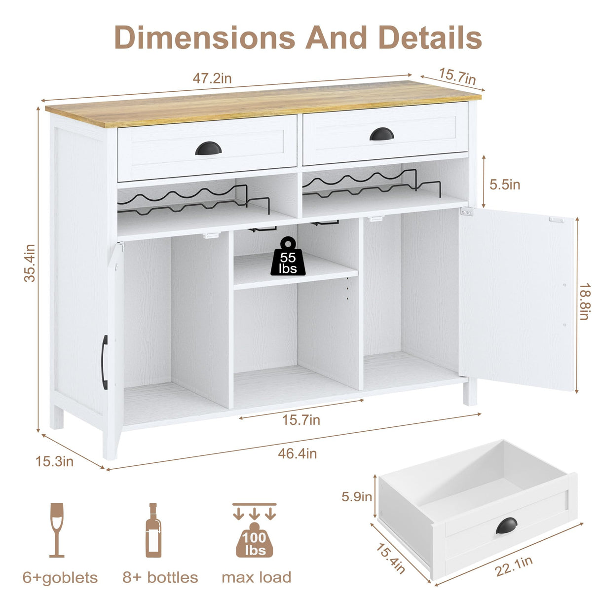 Vividwood 47.2" Modern Farmhouse Wine Bar Cabinet with Wine & Glass Rack, 2 Drawers Buffet Sideboard Storage for Kitchen, Living Room, Dining Room - Coffee & Liquor Station Cabinet (White) Vividwood