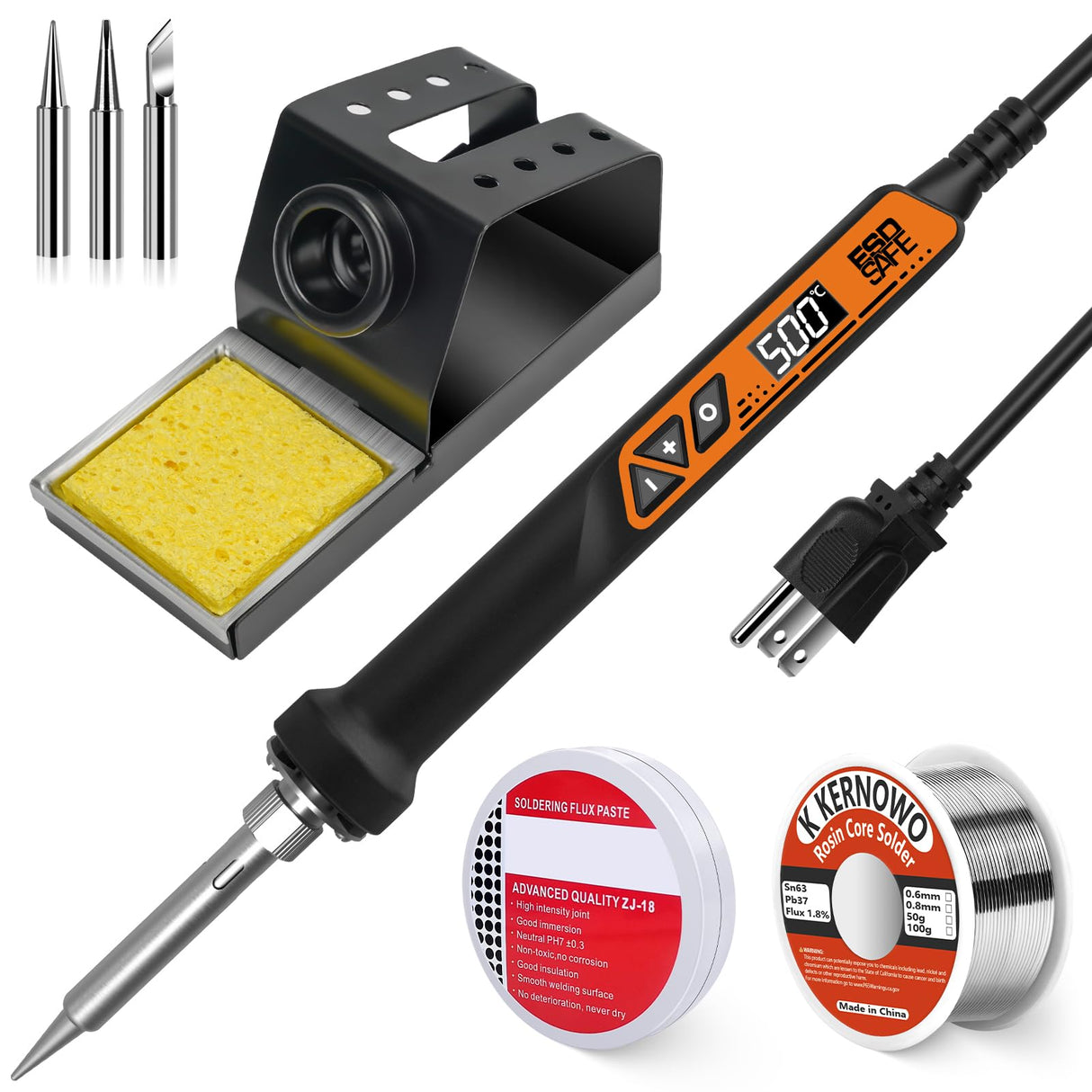 Soldering Iron, 160W Soldering Tool, LED Display Temperature Control Accurate 392°F-932°F, with ON/OFF Switch, 3 Iron Tips, Stand,Flux, Automatic Sleep Mode K KERNOWO