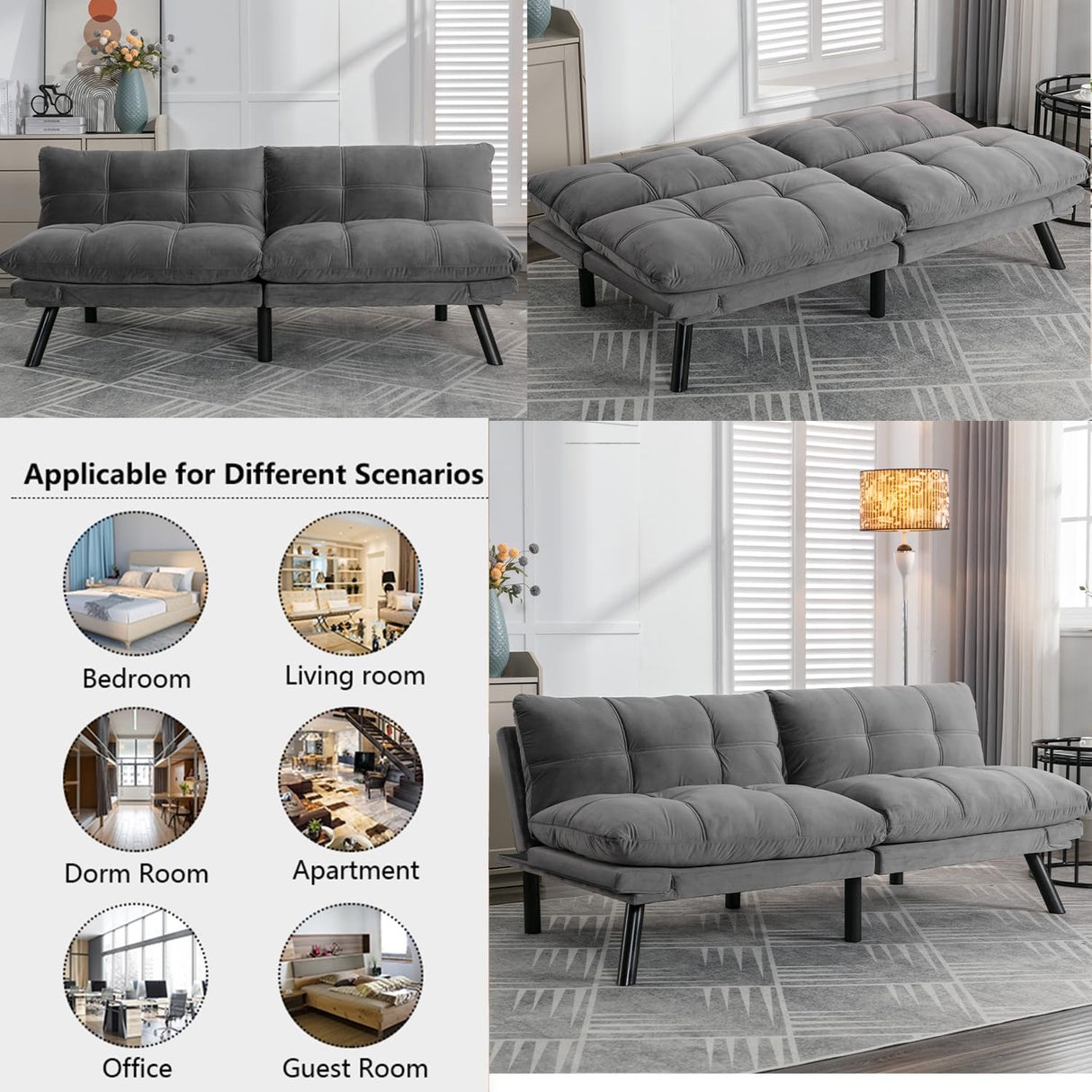 Modern Velvet Convertible Folding Futon Couch Sofa Bed Adjustable Pillow Top Arm Memory Foam Couch Double Loveseat Sofa for Compact Living Space,Dorm,Game Studio,Apartment,Bedroom (Light Grey) Klwenas Maec