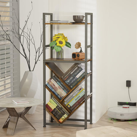 6-Tier Tree Bookshelf for Corner & Small Spaces, Modern Rustic Metal Bookcase Storage Organizer for Books, CDs, Movies – Industrial Floor Standing Bookshelves for Bedroom, Living Room, Home Office Faesun