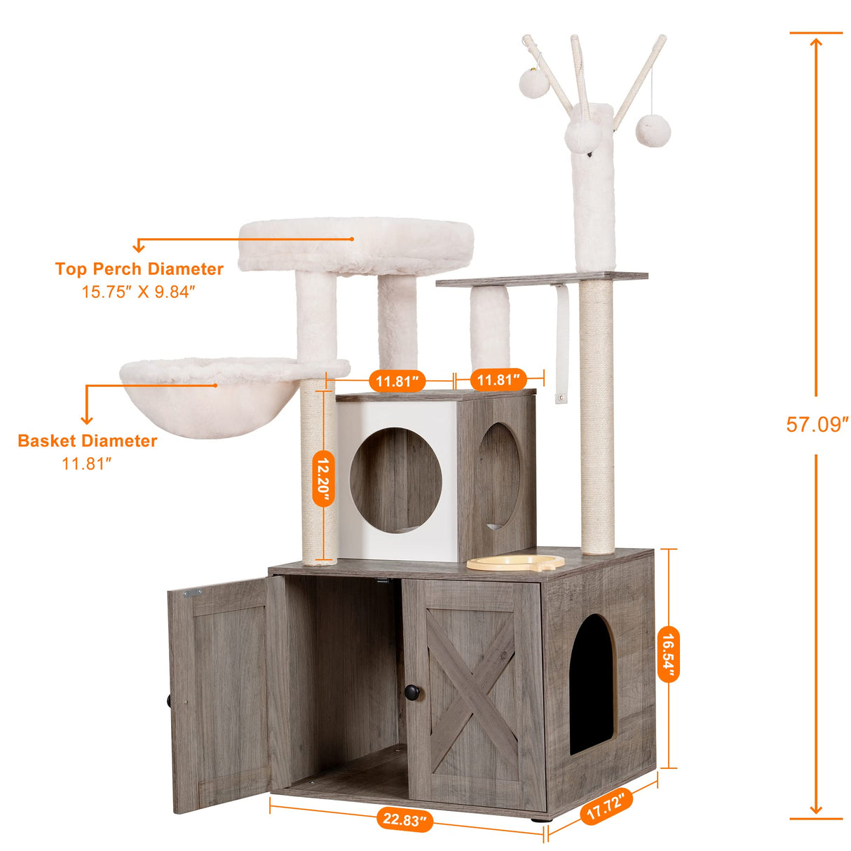 Heybly Cat Tree, Wood Litter Box Enclosure with Food Station, All-in-one Indoor Cat Furniture with Large Platform and Condo, Modern Style Cat Tower, Hammock, Rustic Brown HCT102SG Heybly