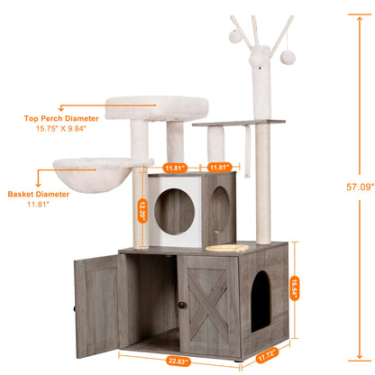 Heybly Cat Tree, Wood Litter Box Enclosure with Food Station, All-in-one Indoor Cat Furniture with Large Platform and Condo, Modern Style Cat Tower, Hammock, Rustic Brown HCT102SG - WoodArtSupply