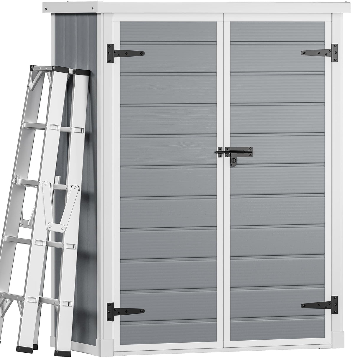 DWVO 49 Cuft Outdoor Tall Storage Shed with 2 Shelves, Weatherproof Vertical Tool Shed with Floor & Lockable Doors, Sturdy Double-Wall Plastic Cabinet for Garbage Cans and Garden Equipment (Gray) DWVO