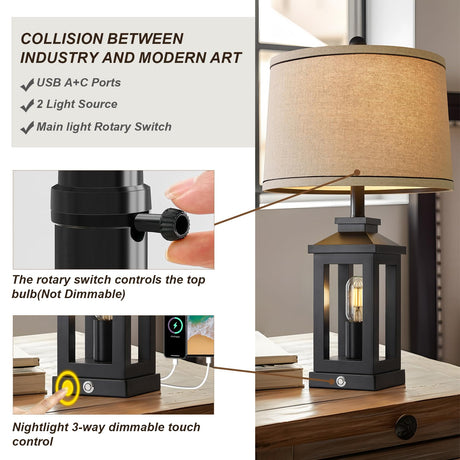 G-SAFAVA 23.75" Retro Farmhouse Black Table Lamp for Living Room Bedroom Nightstand Single Pack Touch Control Bedside Nightlight Vintage Modern Lamp with USB C+A Ports and 2 Light Sources G-SAFAVA