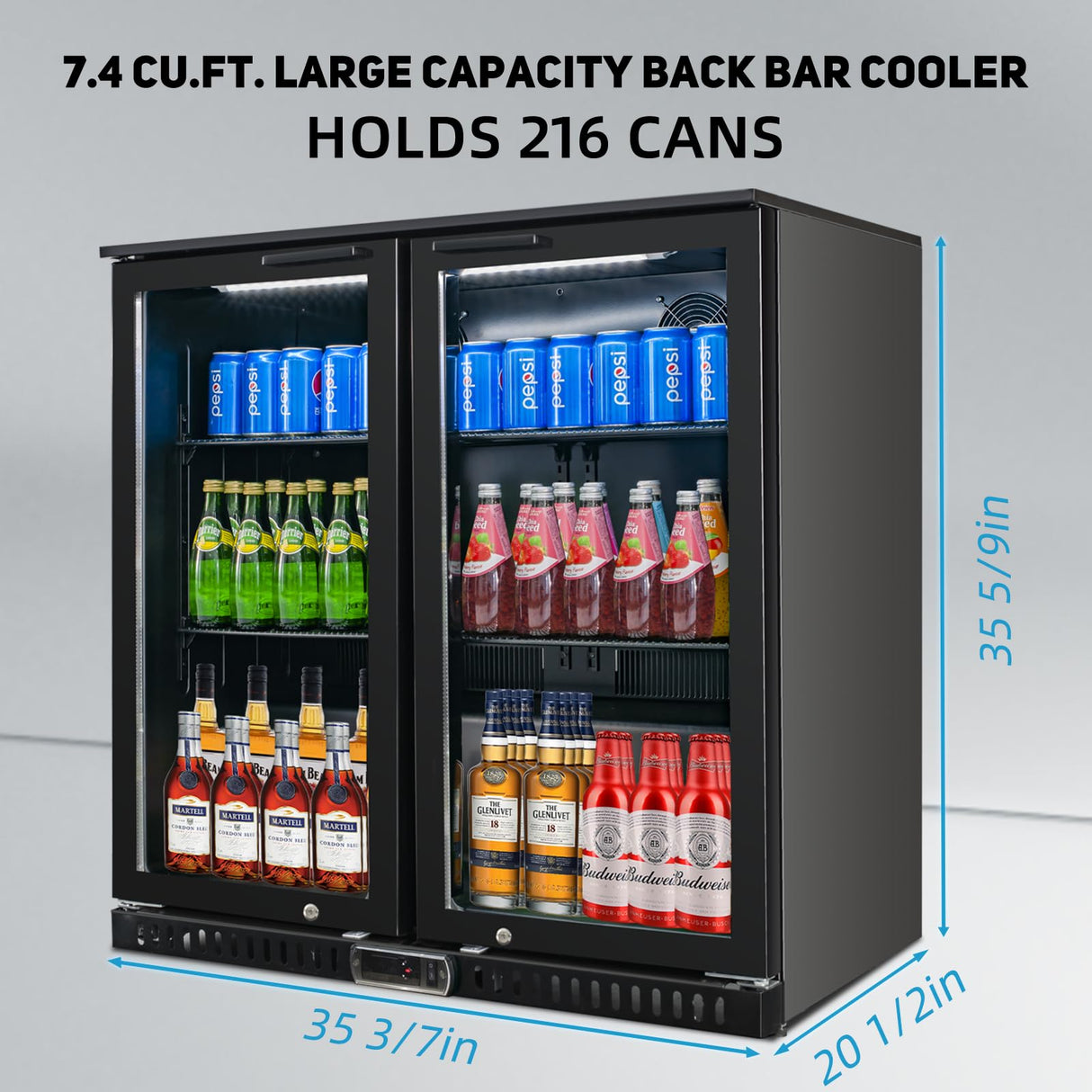 Bluelinecool Back Bar Cooler with 2 Glass Doors, Under Counter Beverage Refrigerator, 7.4 cu.ft Mini Fridge Cooler with LED Lighting for Soda Drinks, Beer, Wine Bluelinecool