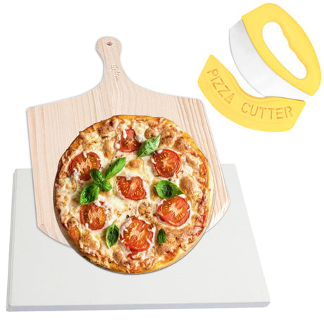 PIZZA STONE 15 x 12'' Rectangular Pizza Stone For Oven Baking & BBQ With Wooden Peel GylSun