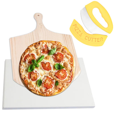 PIZZA STONE 15 x 12'' Rectangular Pizza Stone For Oven Baking & BBQ With Wooden Peel