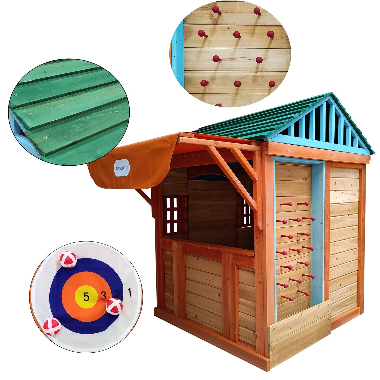 Wooden Outdoor Playhouse, 4-in-1 Game House for Kids Garden Playhouse with Different Games on Every Surface,Solid Wood,61.4" Lx45.98 Wx64.17 H