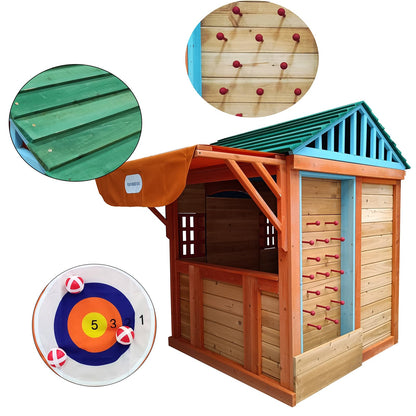 Wooden Outdoor Playhouse, 4-in-1 Game House for Kids Garden Playhouse with Different Games on Every Surface,Solid Wood,61.4" Lx45.98 Wx64.17 H