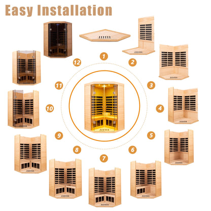 2 Person Far Infrared Sauna Low EMF 7 Heating Panel 1520W Indoor Sauna Canadian Hemlock Wood Sauna for Home with Control Panel Bluetooth Speakers Chromotherapy Lights Reading Lamp Tempered Glass Door