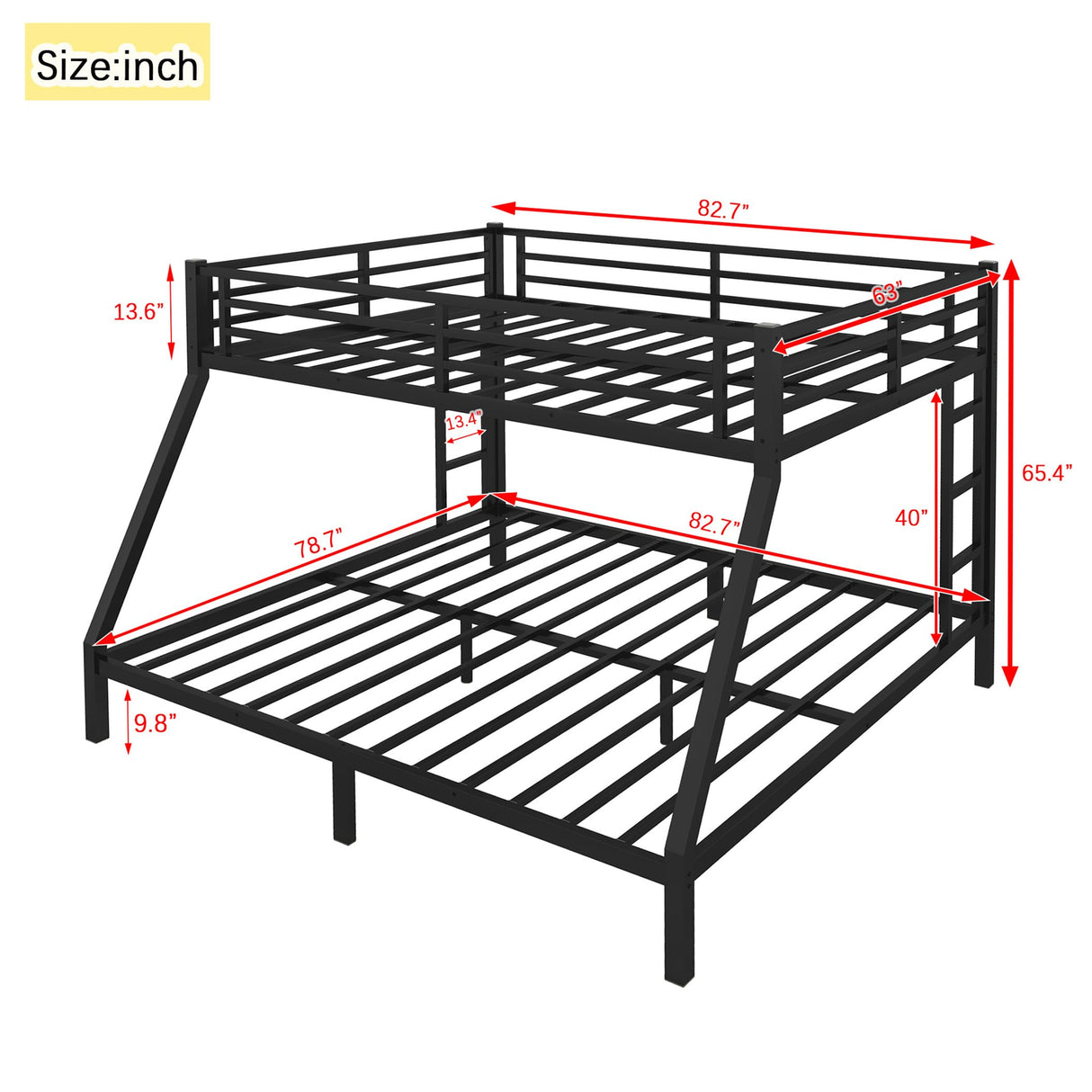 LEEKOUS Queen Over King Size Industrial Metal Bunk Bed Frame with Ladder, 700lbs Upper/800lbs Lower Weight Capacity, Easy Assembly, Black LEEKOUS