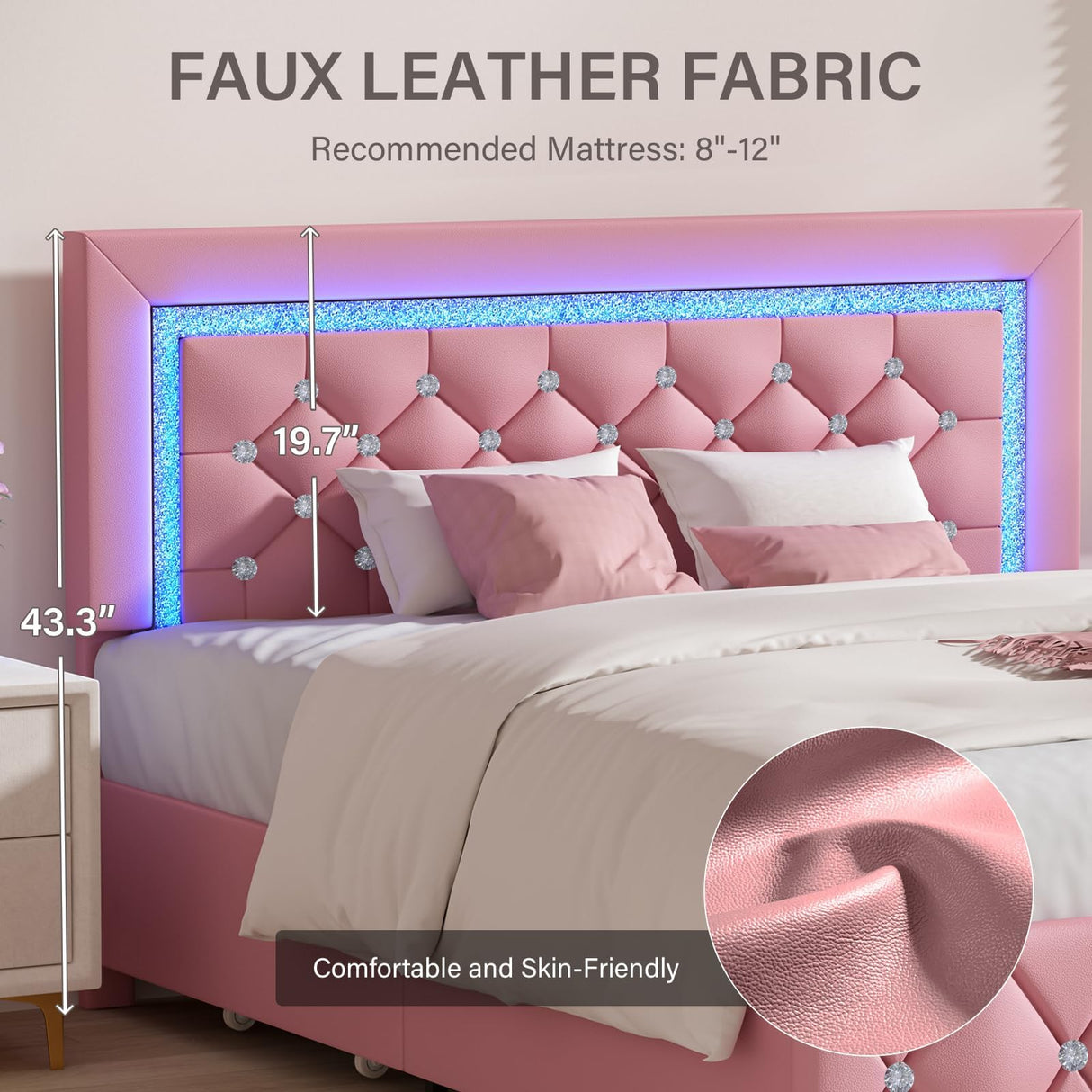 Queen Size Bed Frame with LED Lights, Upholstered Platform Bed with Storage Drawers, Princess Bed with Diamond Headboard and Footboard, No Box Spring Needed, Easy Assembly, Pink BarnFurin