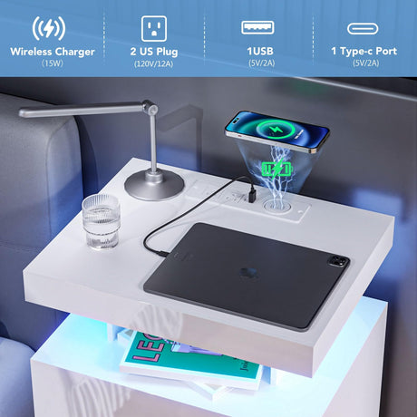 HOMMPA LED Nightstand with Wireless Charging Station & USB Ports, 3 Drawer Night Stand with LED Light RGB Adjustable Brightness, Smart Nightstand High Gloss Bedside Table for Bedroom White HOMMPA