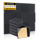 HERTBER-24 Pack Sound Proof Foam Panels for Walls Self-adhesive Grooved Black Acoustic Panels 12x12x2 Inches Soundproof Wall Panels High Density Acoustic Foam for Echoes Absorption and Noise Reduction HERTBER