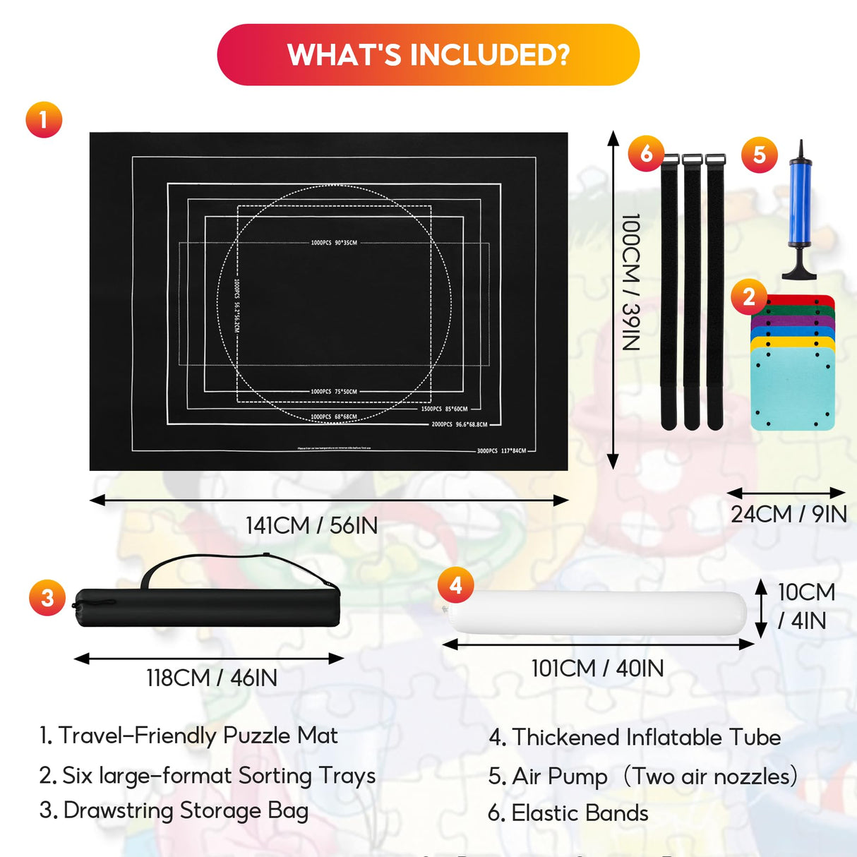 Jigsaw Puzzle Mat Roll Up to 1500 2000 3000 Piece Portable Table Puzzle Board Mat Saver Keeper with 6 Sorting Trays, Storage Bag, Inflatable Roller, Smooth Top & Non-Slip Felt Bottom for Kids Adults Brmoka