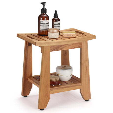 TEAKAURA Teak Shower Bench Stool, 14'' Compact Waterproof Wood Spa Bath Bench with Storage Shelf & Handle, Non-Slip Solid Teak Shower Seat Chair for Small Bathrooms Inside Shower and Outdoor Use TEAKAURA