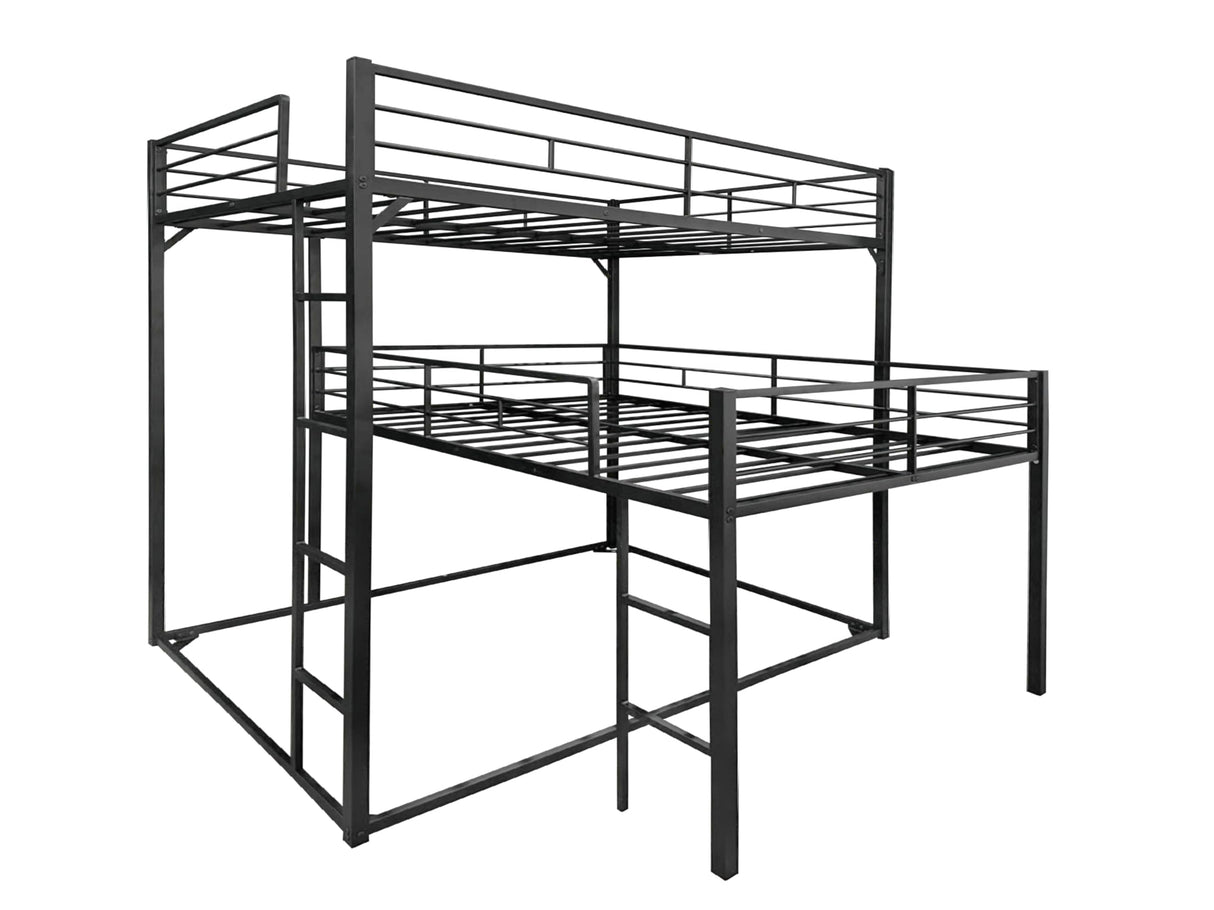 PVWIIK Full Triple Bunk Bed with Side Ladder & Guardrails for Dorm,Bedroom,Guest Room,Metal Full Triple Bunk Bed for Adult,Kids,Reinforcement Design,Space Saving Design,No Box Spring Needed, Black PVWIIK