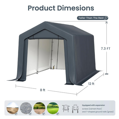 PHI VILLA 8'x12'x7.3' Outdoor Portable Storage Shelter Shed Garage with 2 Roll up Zipper Doors & Vents Carport for Motorcycle Bike Waterproof and UV Resistant Anti-Snow Portable Garage Kit Tent, Gray