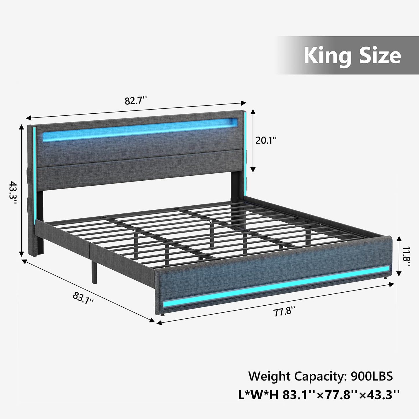 Dnxao King Size LED Upholstered Bed Frame with Charging Station and Noise-Free Design - WoodArtSupply