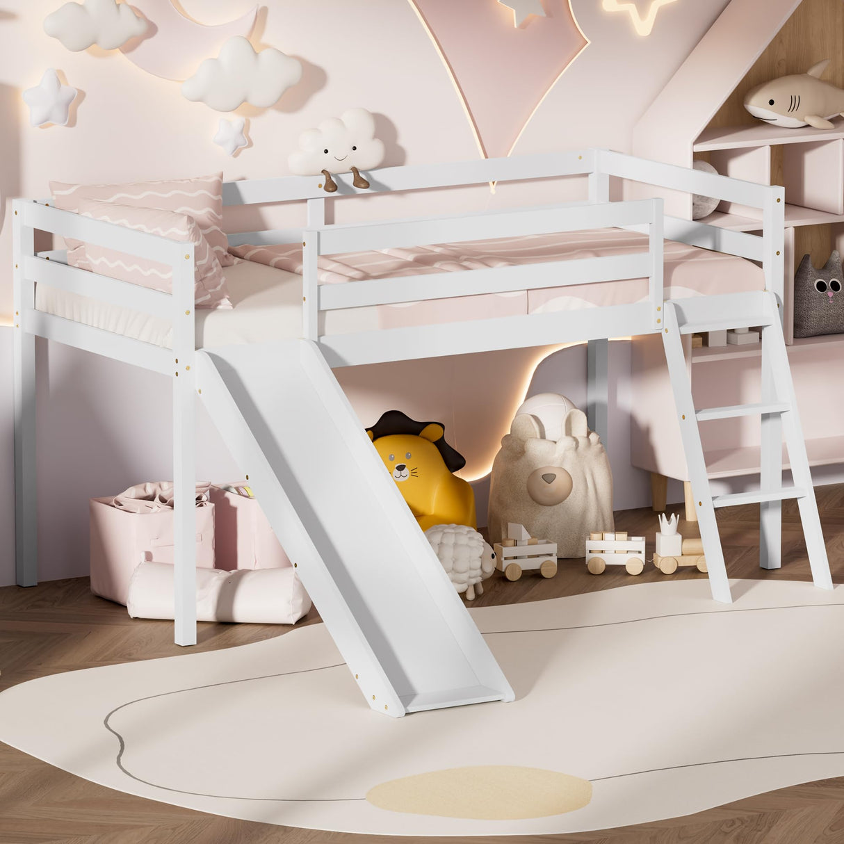TOLEAD Low Loft Bed with Slide, Wood Twin Loft Bed Frame with Climbing Ladder & Storage Space for Kids Toddler (White) TOLEAD
