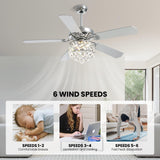 CROSSIO 52" Crystal Ceiling Fan with Light Dimmable LED Chandelier Ceiling Fan Modern Reversible Ceiling Fan Light Fixture with Remote for Bedroom Dining Room Living Room Chrome CROSSIO