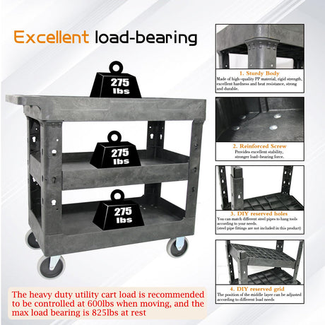 AQNIEGEP 3 Shelf Utility Cart Heavy Duty Rolling Cart with Brake Wheels Storage Service Cart w/Deep Shelves for Warehouse Workshop Cleaning Office Restaurant Commercial Moving 600lbs Capacity Black AQNIEGEP