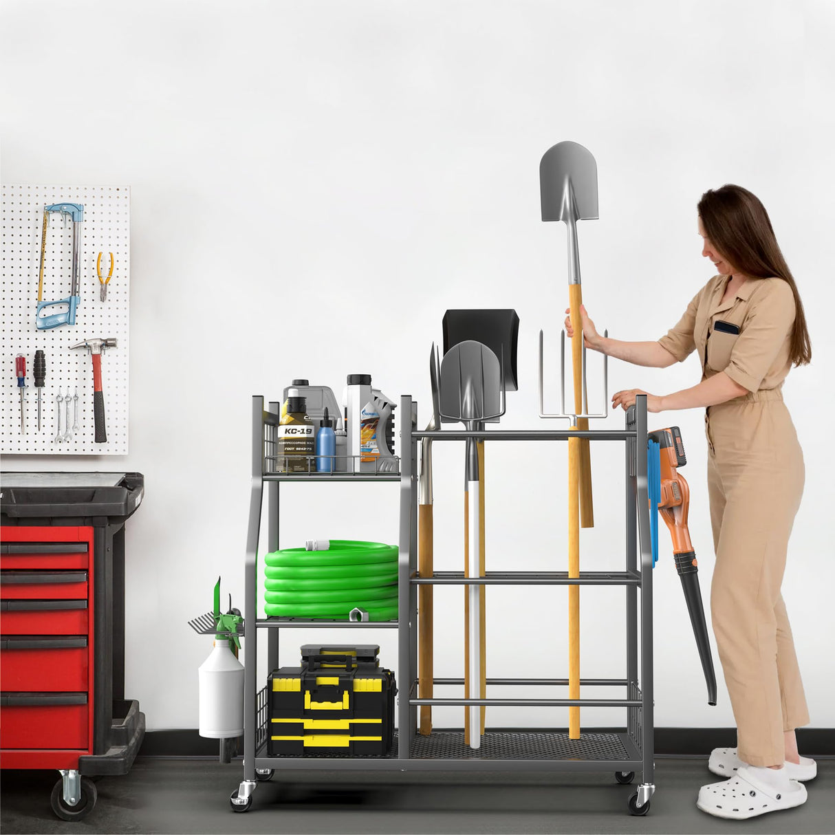 EVERHANGER Garden Tool Organizer Stand, Garage Tool Storage Organization, Yard Tool Racks with lockable wheels, Fit for Long-Handled Tools/Rakes/Brooms EVERHANGER