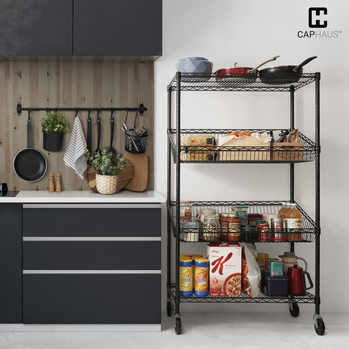 CAPHAUS NSF Commercial Heavy Duty 4 Tier Wire Shelving w/Two Trapezoid Baskets, Wheels, Leveling Feet, Storage Metal Shelf, Basement Garage Shelving Storage, Utility Wire Rack Storage Shelving Black CAPHAUS