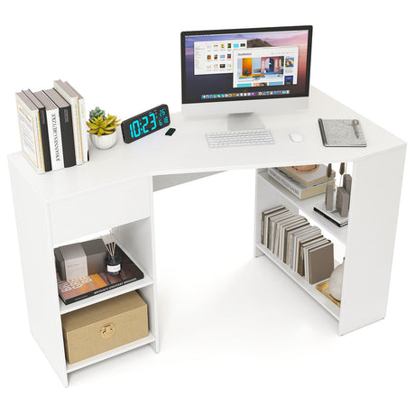 Giantex White Desk with Drawer, 48 Inch Corner Desk with Storage Shelves, Laptop PC Table for Workstation, Vanity Table for Bedroom, Modern Wood Executive Study Writing Table for Small Space Giantex