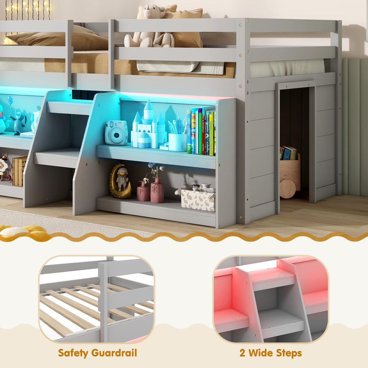 Giantex Low Loft Bed with LED Lights, Wooden Twin Loft Bed with Stairs & Safety Guardrail, Loft Bed Twin Size with Storage Bookcase and Under-Bed Play Space, Loft Bed for Kids (Grey) Giantex