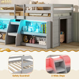 Giantex Low Loft Bed with LED Lights, Wooden Twin Loft Bed with Stairs & Safety Guardrail, Loft Bed Twin Size with Storage Bookcase and Under-Bed Play Space, Loft Bed for Kids (Grey) Giantex